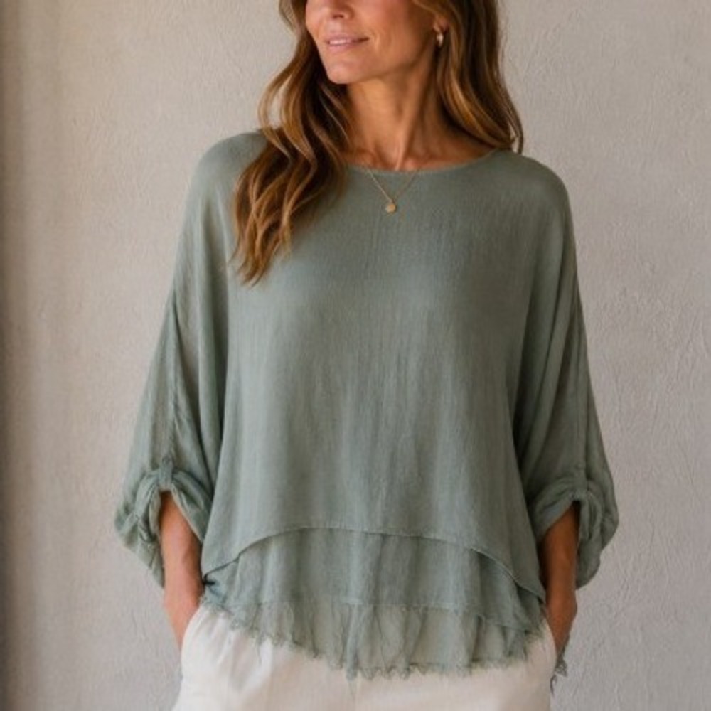 Gigi Moda Sage Green Silk Layered Raw Shredded Hem 3/4 Sleeve Boho Blouse M